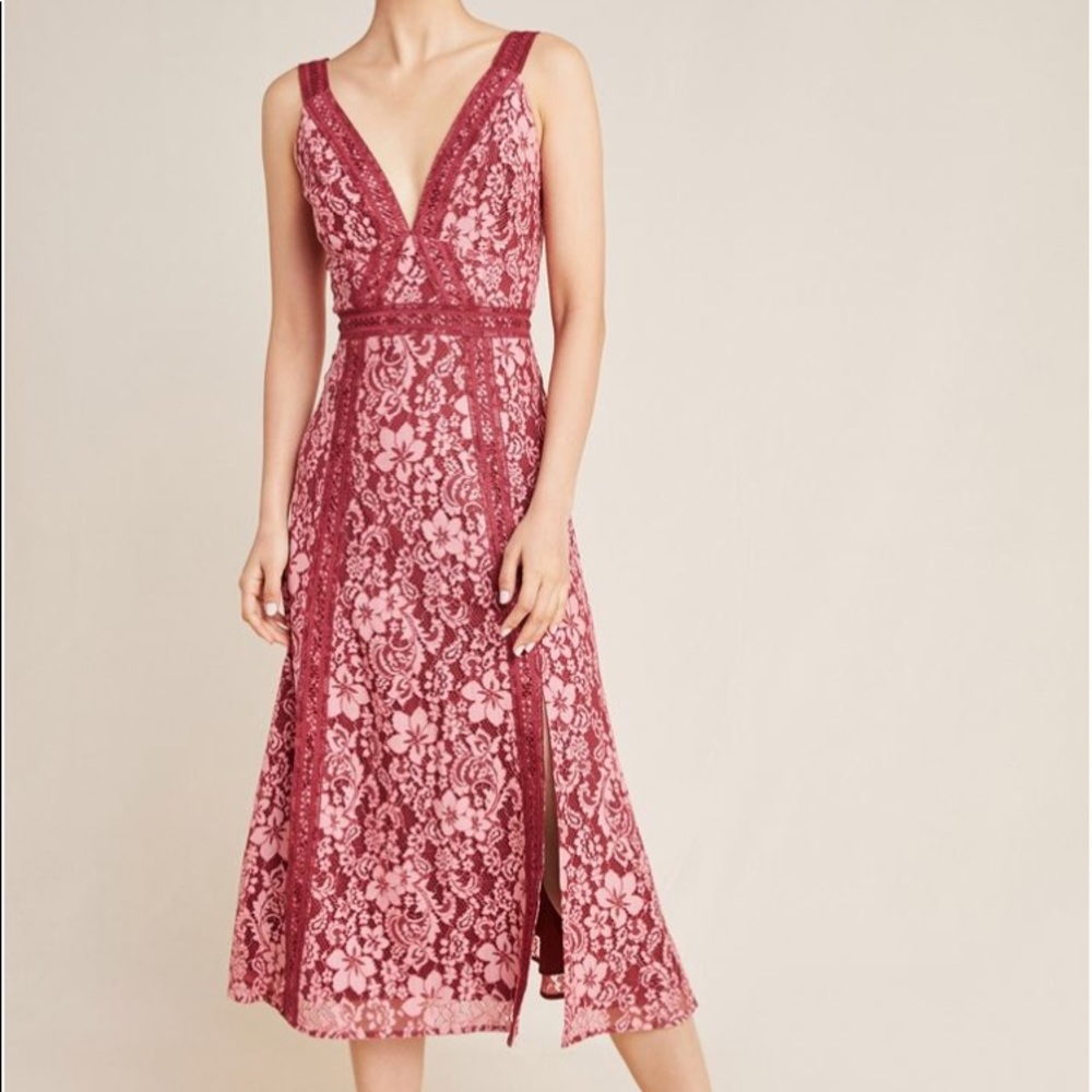 NEW Anthropology Embroidered Lace Midi Dress- plum